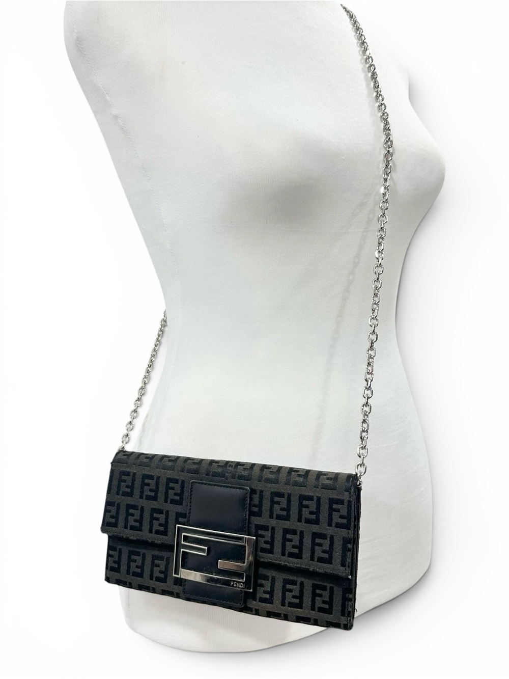 FENDI Black Zuccino Zucca Monogram Canvas & Leather Wallet on Chain